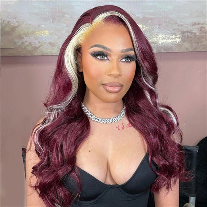 13x4 Burgundy & Blonde Skunk Stripe Lace Front Wig Transparent Human Hair Wig 180% Density - Msgem Hair