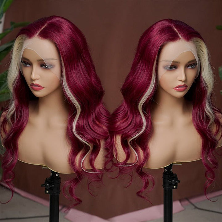 13x4 Burgundy & Blonde Skunk Stripe Lace Front Wig Transparent Human Hair Wig 180% Density - Msgem Hair