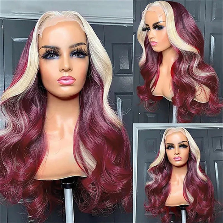 13x4 Burgundy & Blonde Skunk Stripe Lace Front Wig Transparent Human Hair Wig 180% Density - Msgem Hair