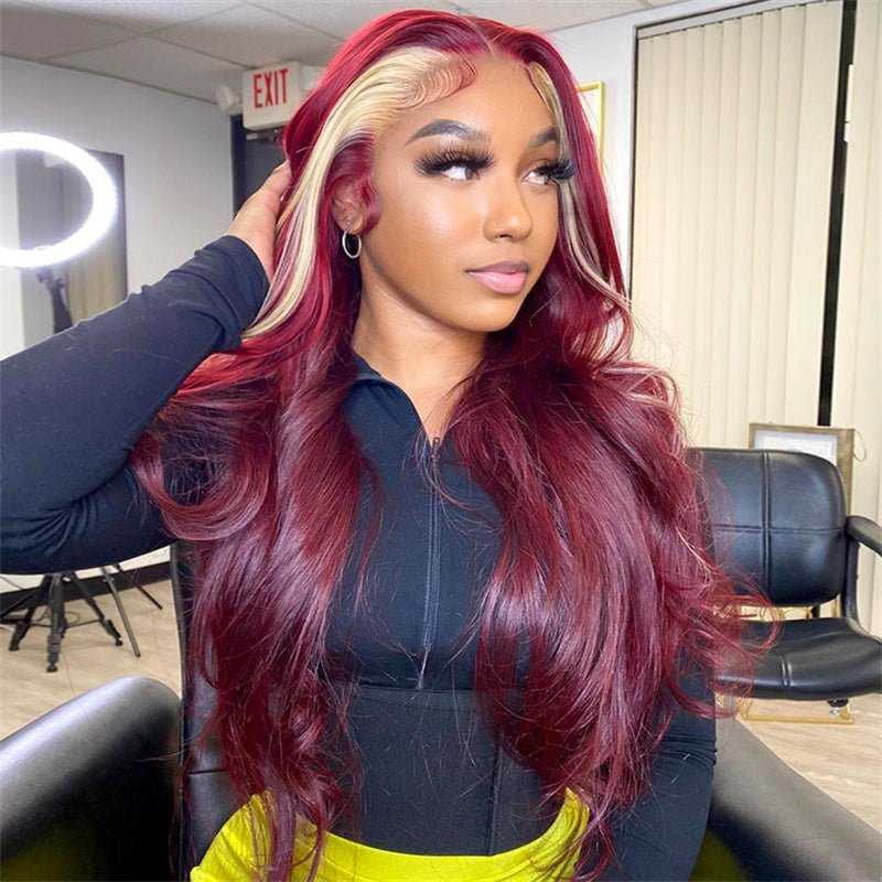 13x4 Burgundy & Blonde Skunk Stripe Lace Front Wig Transparent Human Hair Wig 180% Density - Msgem Hair