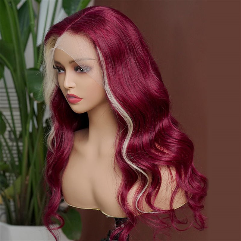 13x4 Burgundy & Blonde Skunk Stripe Lace Front Wig Transparent Human Hair Wig 180% Density - Msgem Hair