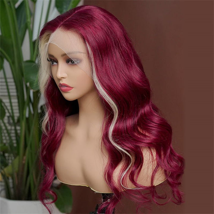 13x4 Burgundy & Blonde Skunk Stripe Lace Front Wig Transparent Human Hair Wig 180% Density - Msgem Hair