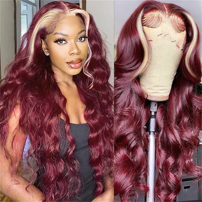 13x4 Burgundy & Blonde Skunk Stripe Lace Front Wig Transparent Human Hair Wig 180% Density - Msgem Hair
