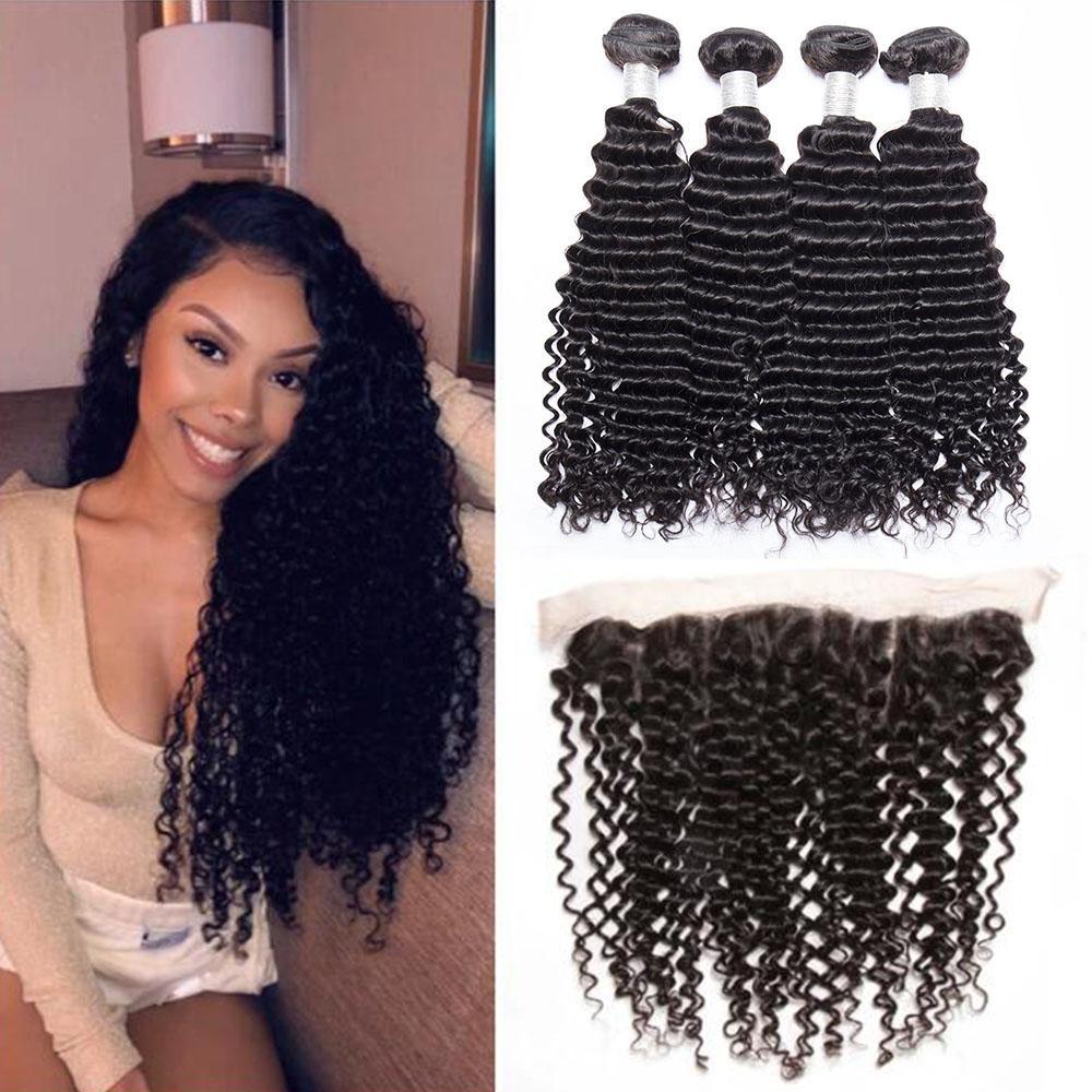 13x4 Lace Frontal with 4 Bundles Deep Wave Peruvian Human Hair - Msgem Hair