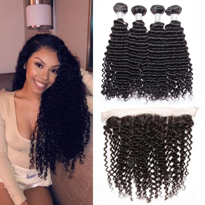13x4 Lace Frontal with 4 Bundles Deep Wave Peruvian Human Hair - Msgem Hair