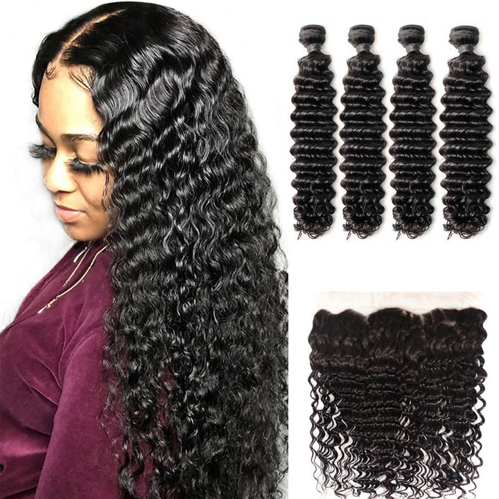 13x4 Lace Frontal with 4 Bundles Deep Wave Peruvian Human Hair - Msgem Hair
