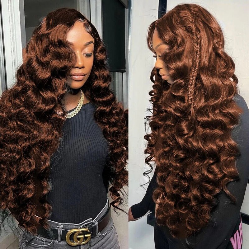 13x4 Transparent Lace Front Wig Chocolate Brown Loose Wave Human Hair Wigs 180% Density - Msgem Hair