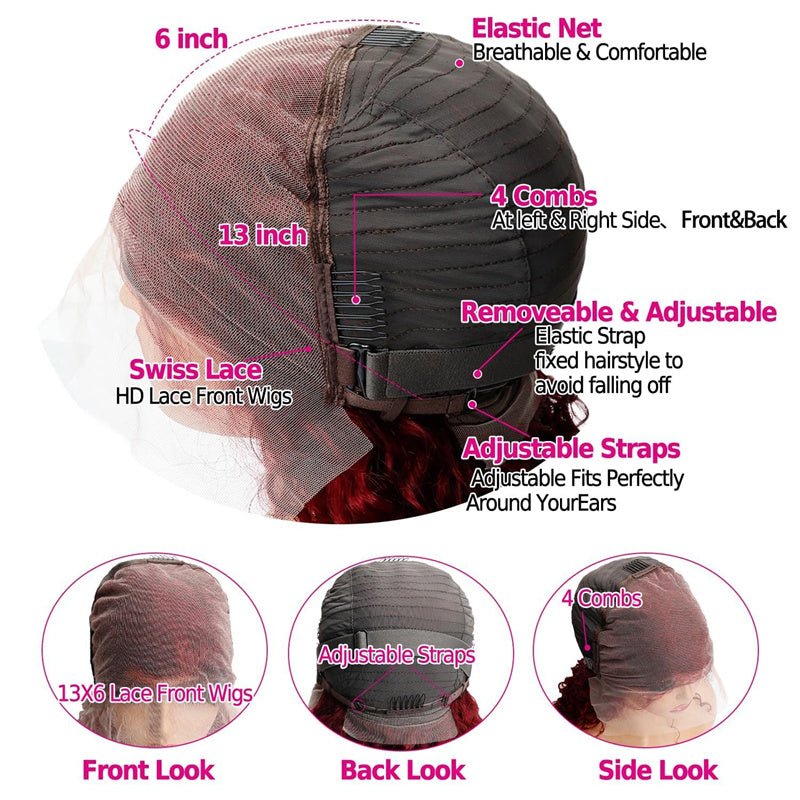 Msgem Deep Wave 13x6 Lace Front Wig 99J Burgundy Human Hair Colored Wigs 250%