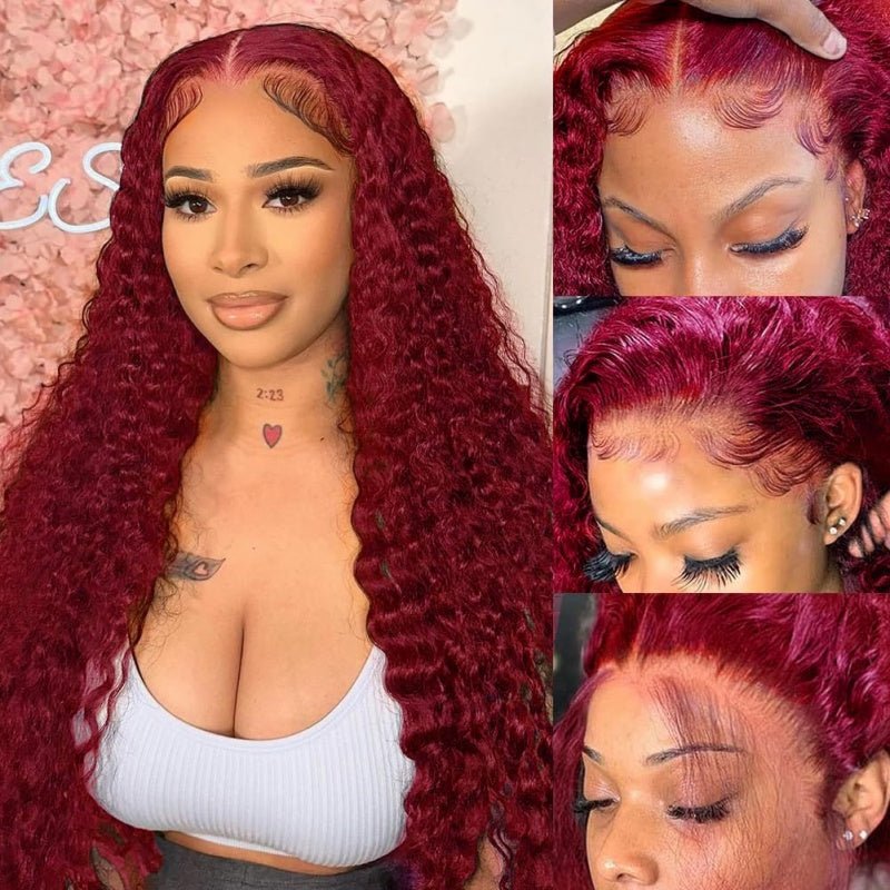 Msgem Deep Wave 13x6 Lace Front Wig 99J Burgundy Human Hair Colored Wigs 250%