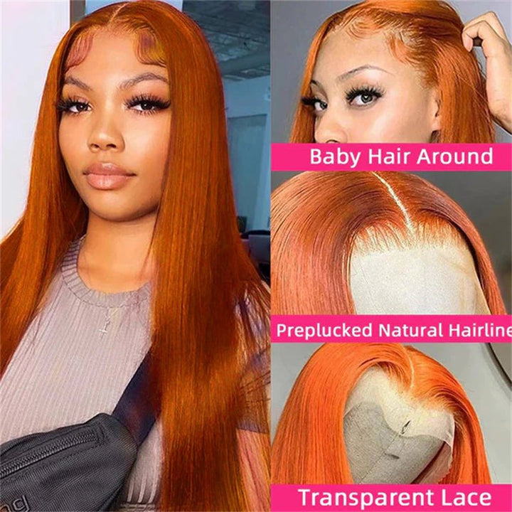 13x6 Orange Ginger Straight Wigs Pre Plucked Transparent Lace Frontal Wig Natural Hairline with Baby Hair - Msgem Hair