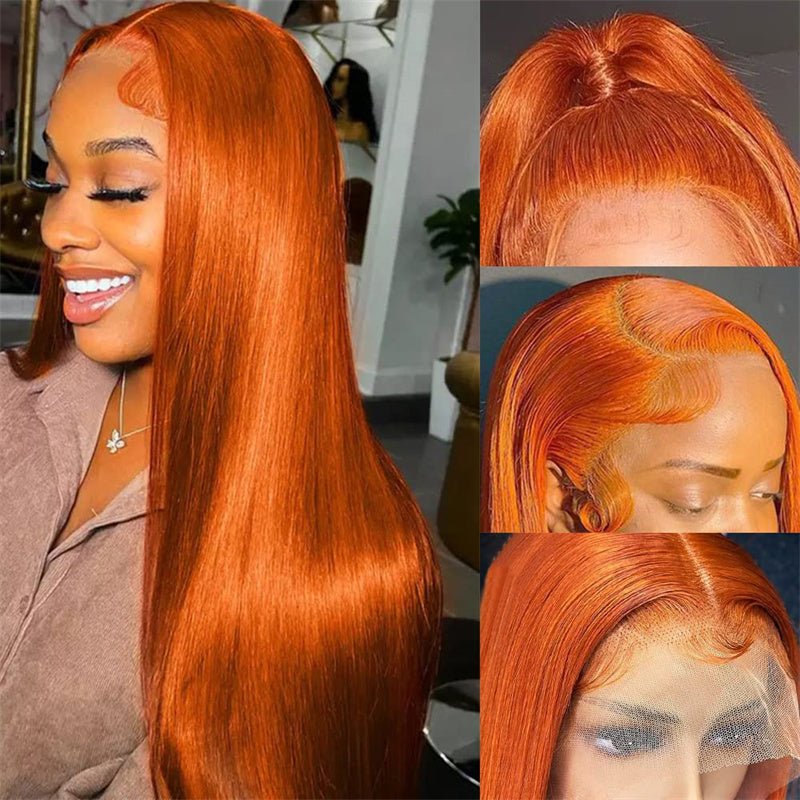 13x6 Orange Ginger Straight Wigs Pre Plucked Transparent Lace Frontal Wig Natural Hairline with Baby Hair - Msgem Hair