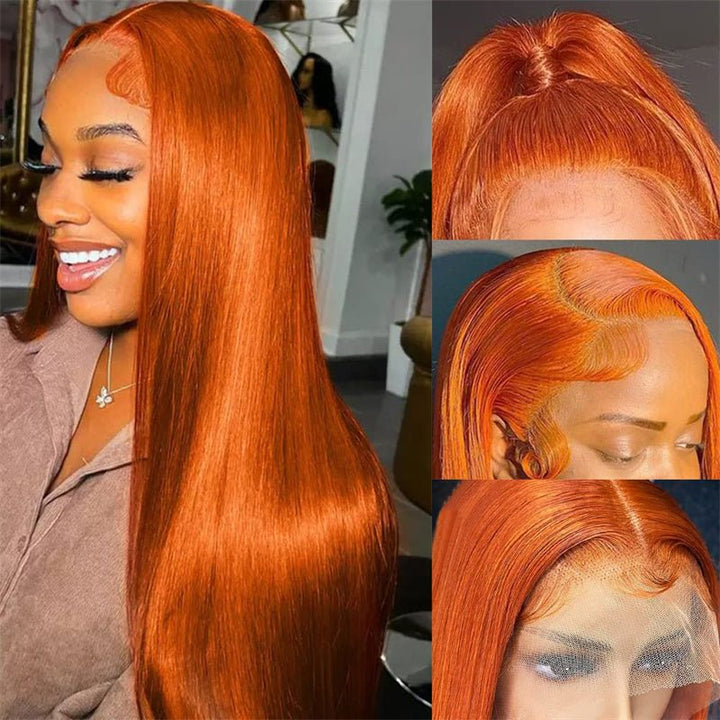 13x6 Orange Ginger Straight Wigs Pre Plucked Transparent Lace Frontal Wig Natural Hairline with Baby Hair - Msgem Hair