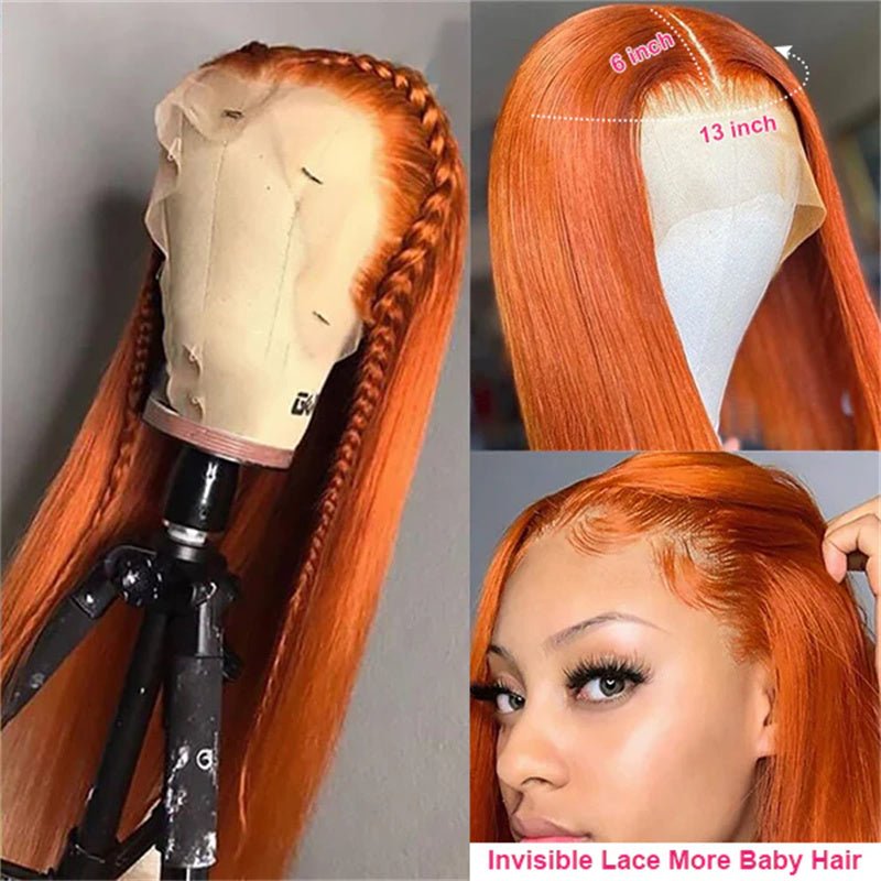 13x6 Orange Ginger Straight Wigs Pre Plucked Transparent Lace Frontal Wig Natural Hairline with Baby Hair - Msgem Hair