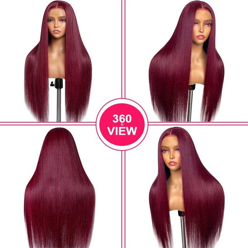 13x6 Transparent Lace Front Wigs Human Hair 99j Burgundy Straight Wigs Pre Plucked 180% Density - Msgem Hair