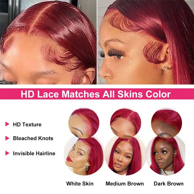 13x6 Transparent Lace Front Wigs Human Hair 99j Burgundy Straight Wigs Pre Plucked 180% Density - Msgem Hair