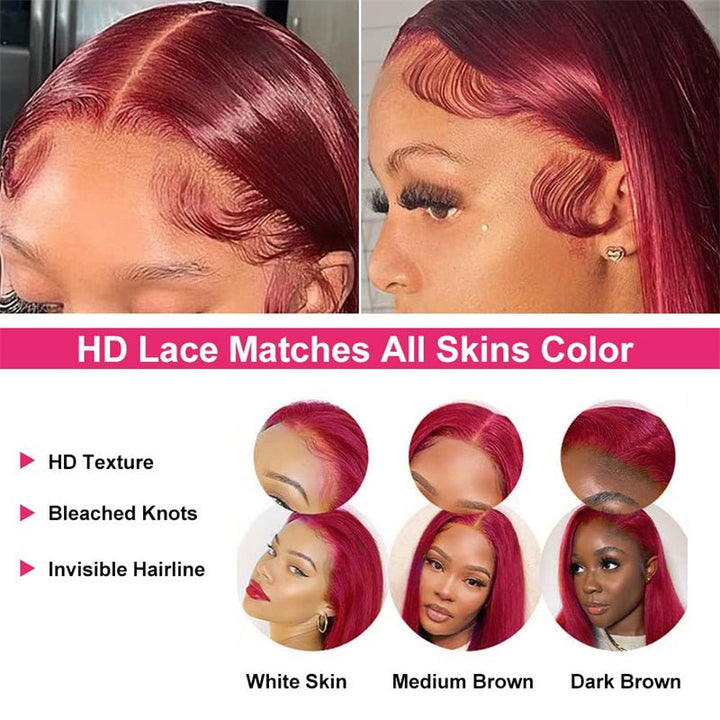 13x6 Transparent Lace Front Wigs Human Hair 99j Burgundy Straight Wigs Pre Plucked 180% Density - Msgem Hair