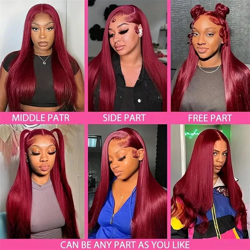 13x6 Transparent Lace Front Wigs Human Hair 99j Burgundy Straight Wigs Pre Plucked 180% Density - Msgem Hair