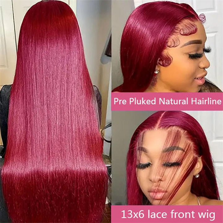 13x6 Transparent Lace Front Wigs Human Hair 99j Burgundy Straight Wigs Pre Plucked 180% Density - Msgem Hair