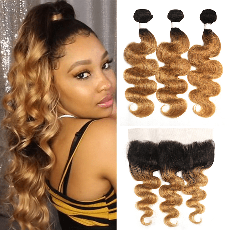 1B/27 Ombre Body Wave 3 Bundles With 13x4 Lace Frontal 100% Virgin Human Hair - Msgem Hair