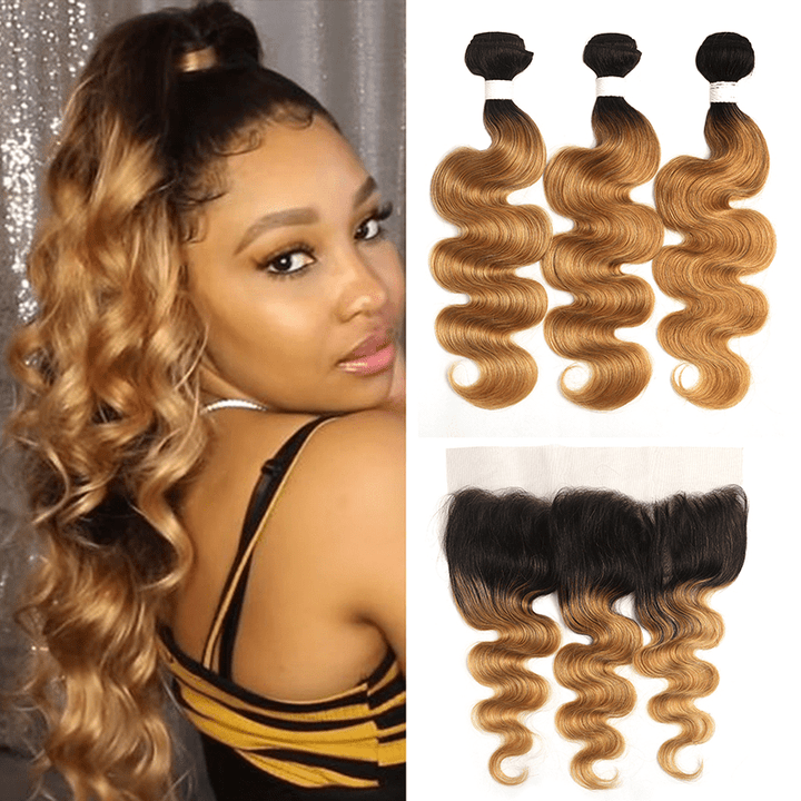 1B/27 Ombre Body Wave 3 Bundles With 13x4 Lace Frontal 100% Virgin Human Hair - Msgem Hair