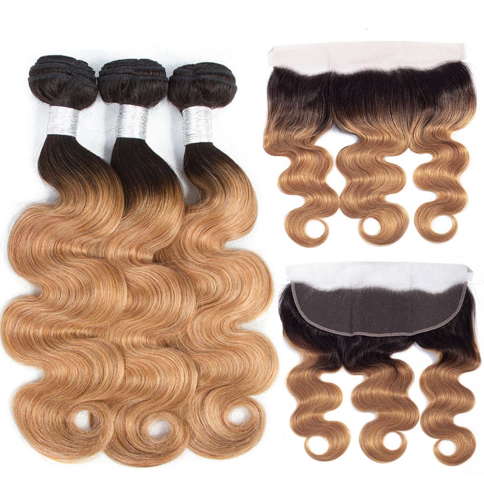 1B/27 Ombre Body Wave 3 Bundles With 13x4 Lace Frontal 100% Virgin Human Hair - Msgem Hair