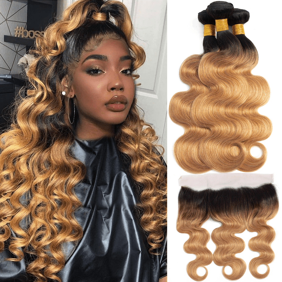 1B/27 Ombre Body Wave 3 Bundles With 13x4 Lace Frontal 100% Virgin Human Hair - Msgem Hair