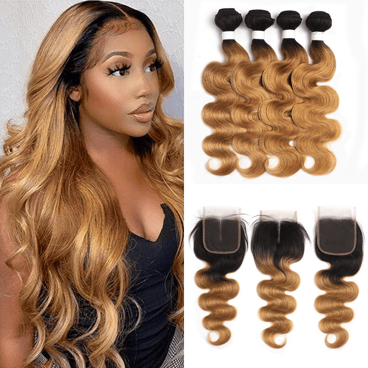1B/27 Ombre Body Wave 4 Bundles With 4x4 Lace Closure 100% Virgin Human hair - Msgem Hair