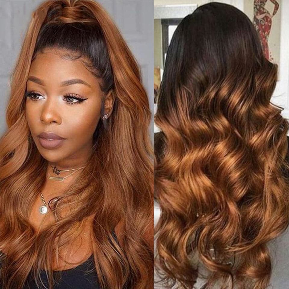 1B/30 Ombre Medium Auburn Black Roots 4 Bundles With 13x4 Lace Frontal 100% Human Hair - Msgem Hair