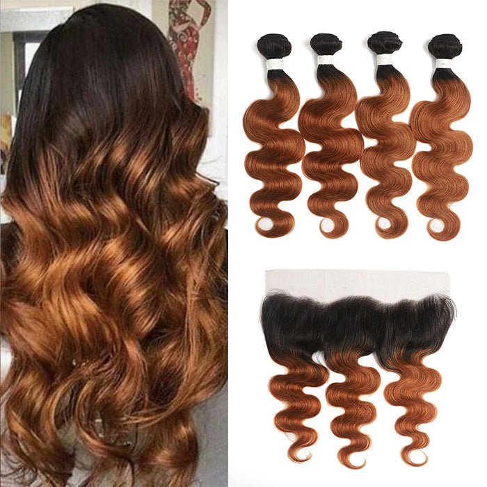 1B/30 Ombre Medium Auburn Black Roots 4 Bundles With 13x4 Lace Frontal 100% Human Hair - Msgem Hair