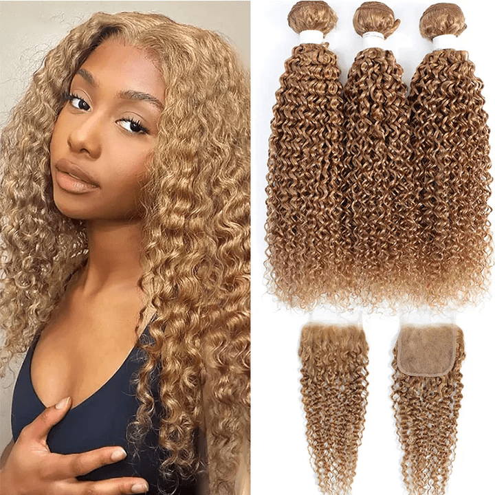 #27 Honey Blonde Kinky Curly 3 Bundles With 4X4 Lace Closure 100% Human Hair - Msgem Hair