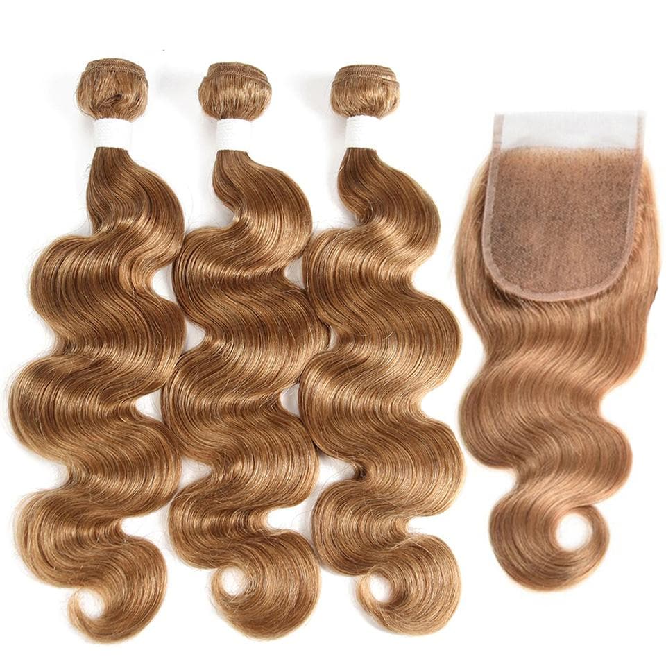 #27 Light Brown Body Wave 3 Bundles With 4x4 Lace Closure 100% Real Human Hair - Msgem Hair