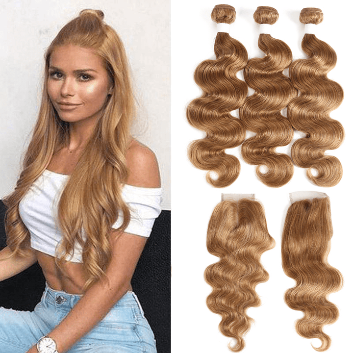 #27 Light Brown Body Wave 3 Bundles With 4x4 Lace Closure 100% Real Human Hair - Msgem Hair