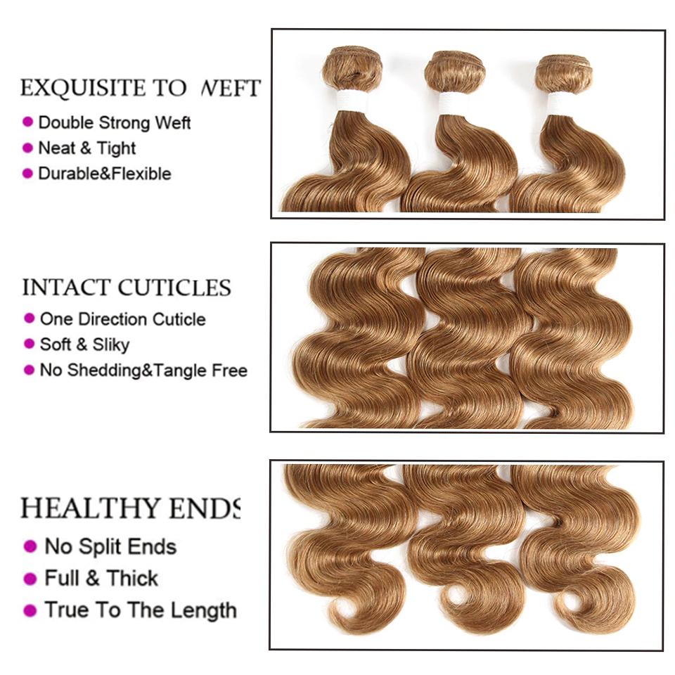 #27 Light Brown Body Wave 3 Bundles With 4x4 Lace Closure 100% Real Human Hair - Msgem Hair