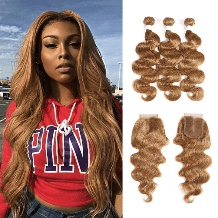 #27 Light Brown Body Wave 3 Bundles With 4x4 Lace Closure 100% Real Human Hair - Msgem Hair