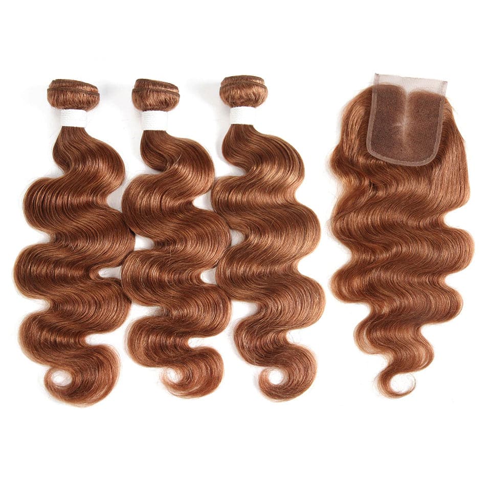 #30 Brown Body Wave 3 Bundles With Closure 4x4 pre Colored 100% Virgin human hair - Msgem Hair