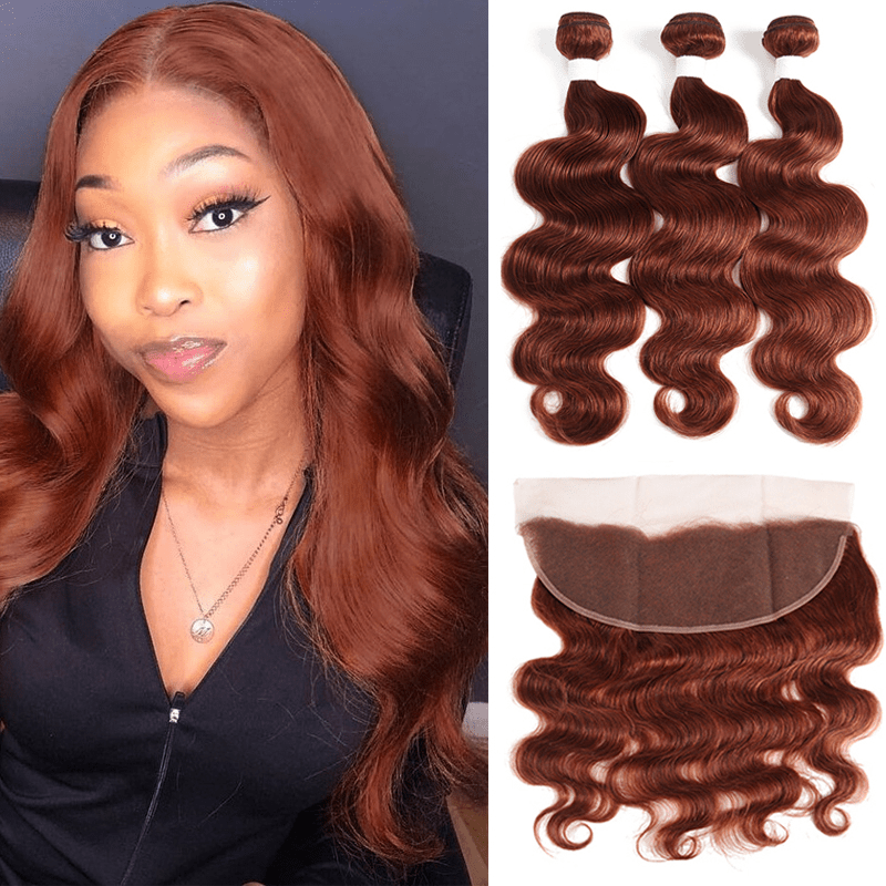 #33 Dark Auburn body wave 3 Bundles With 13x4 Lace Frontal 100% Human Hair - Msgem Hair