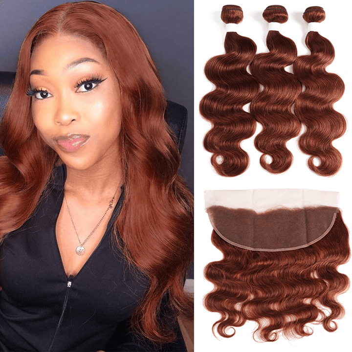 #33 Dark Auburn body wave 3 Bundles With 13x4 Lace Frontal 100% Human Hair - Msgem Hair