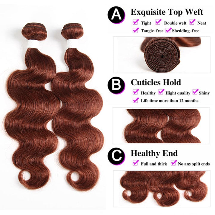 #33 Dark Auburn body wave 3 Bundles With 13x4 Lace Frontal 100% Human Hair - Msgem Hair