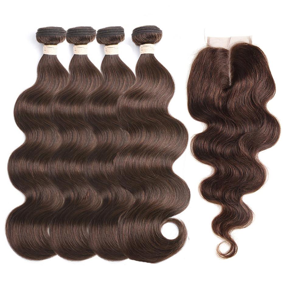 4 Dark Brown Body Wave 4 Bundles With 4x4 Lace Closure 100% Real Human Hair - Msgem Hair