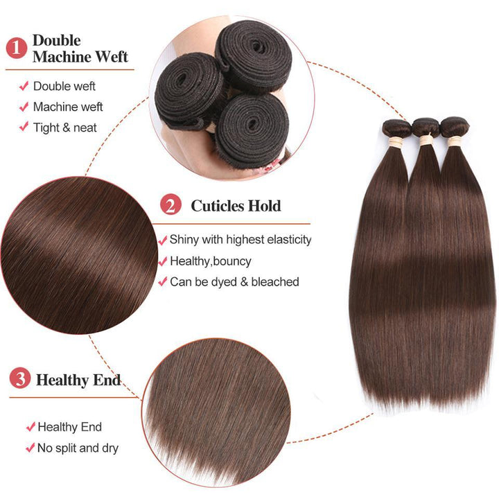 #4 Dark Chocolate Brown Straight 3 Bundles With 13x4 Lace Frontal 100% Real Human Hair - Msgem Hair