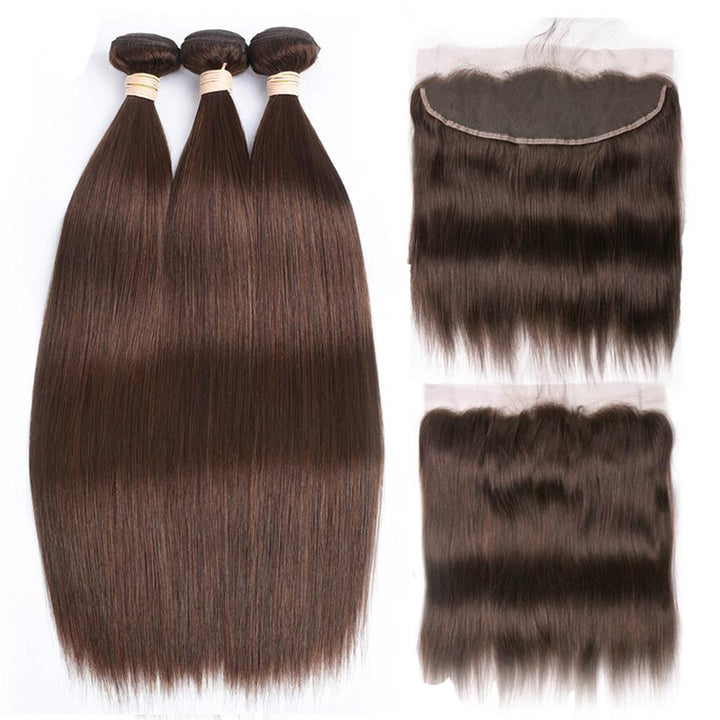 #4 Dark Chocolate Brown Straight 3 Bundles With 13x4 Lace Frontal 100% Real Human Hair - Msgem Hair