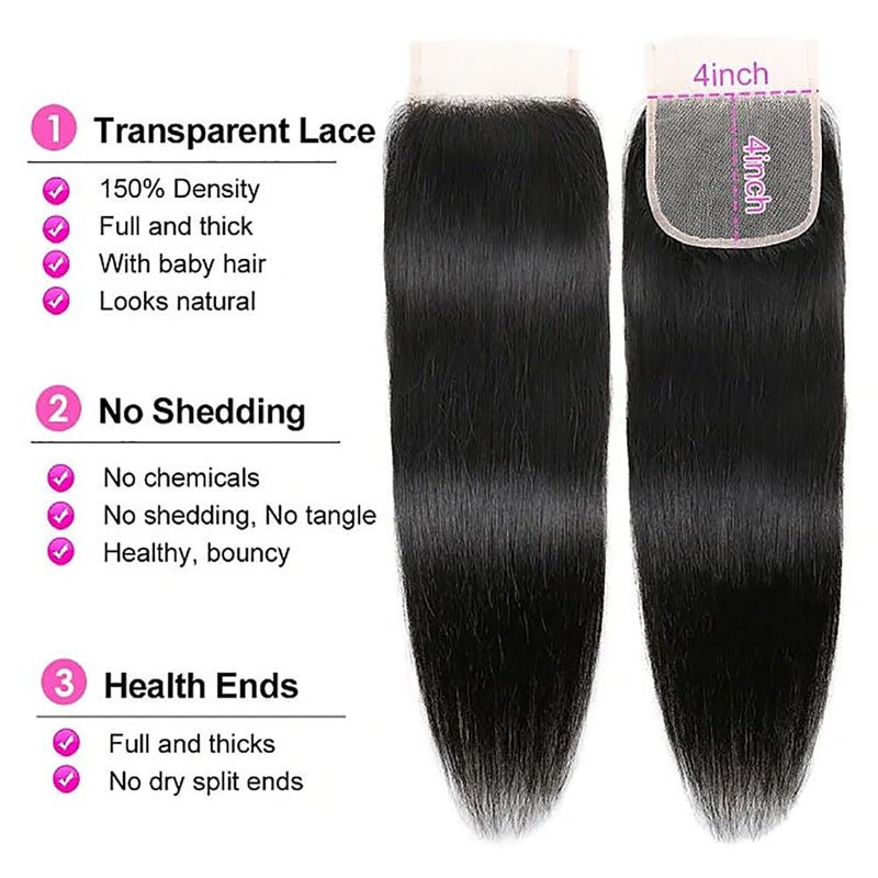 4x4 Straight Lace Closure Human Hair HD Lace Closure Free Part 100% Brazilian Virgin Hair - Msgem Hair