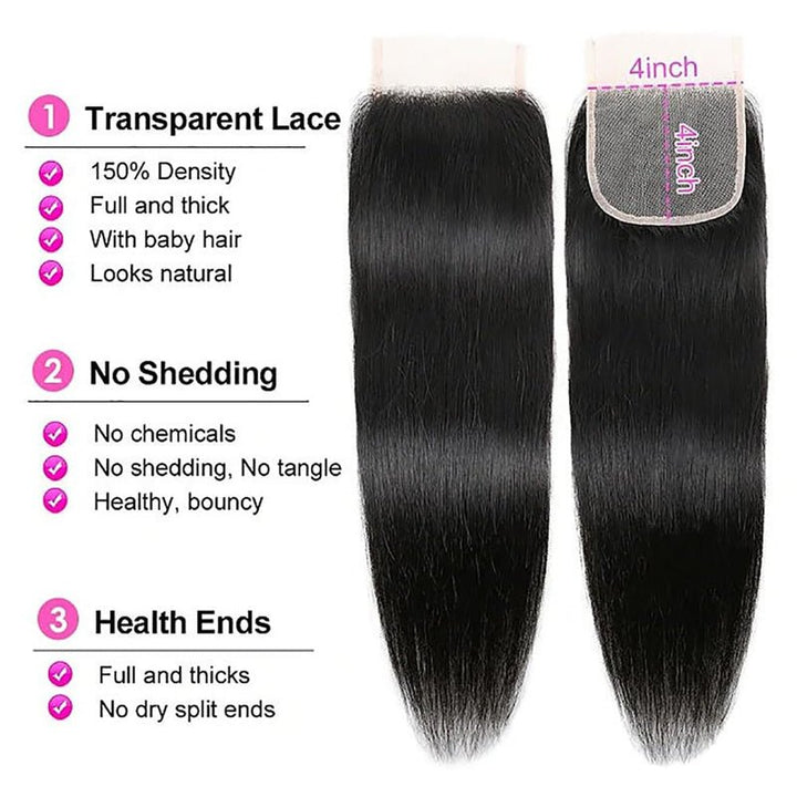 4x4 Straight Lace Closure Human Hair HD Lace Closure Free Part 100% Brazilian Virgin Hair - Msgem Hair