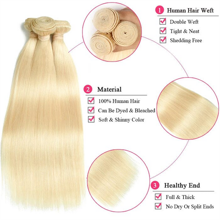 Msgem 613 Blonde Color Straight Human Hair 3 Bundles with 13x4 Lace Frontal Closure