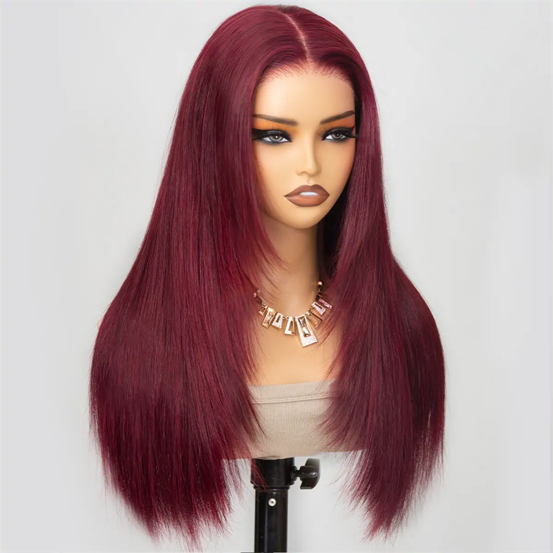 Msgem Straight Layered Cut 99J Burgundy Color Human Hair 5x5 13x6 Transparent Lace Wigs