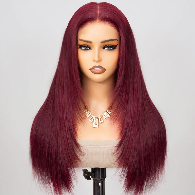 Msgem Straight Layered Cut 99J Burgundy Color Human Hair 5x5 13x6 Transparent Lace Wigs