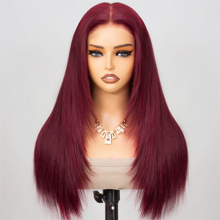 Msgem Straight Layered Cut 99J Burgundy Color Human Hair 5x5 13x6 Transparent Lace Wigs