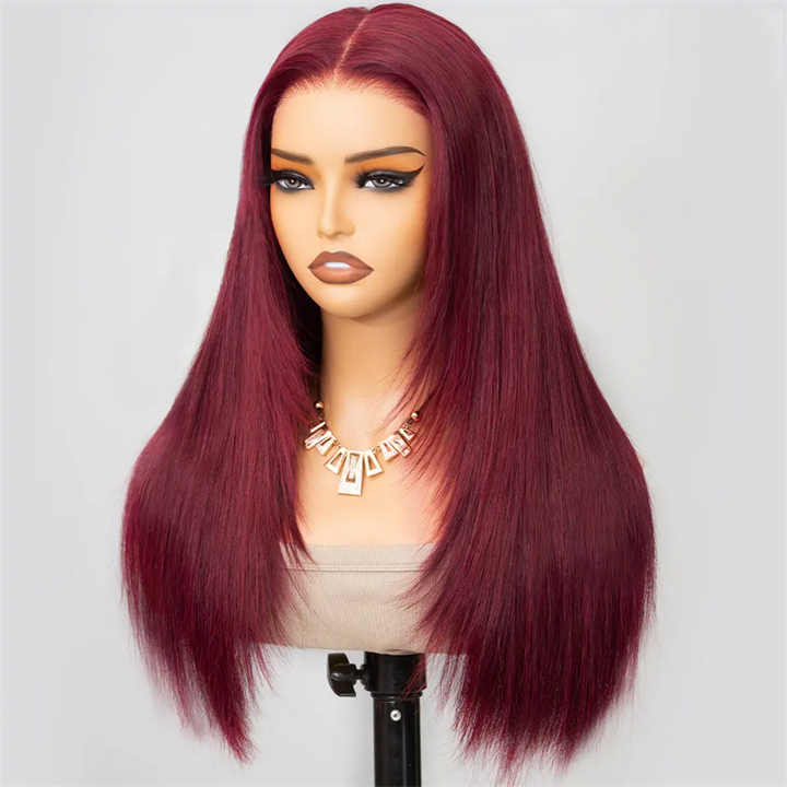 Msgem Straight Layered Cut 99J Burgundy Color Human Hair 5x5 13x6 Transparent Lace Wigs