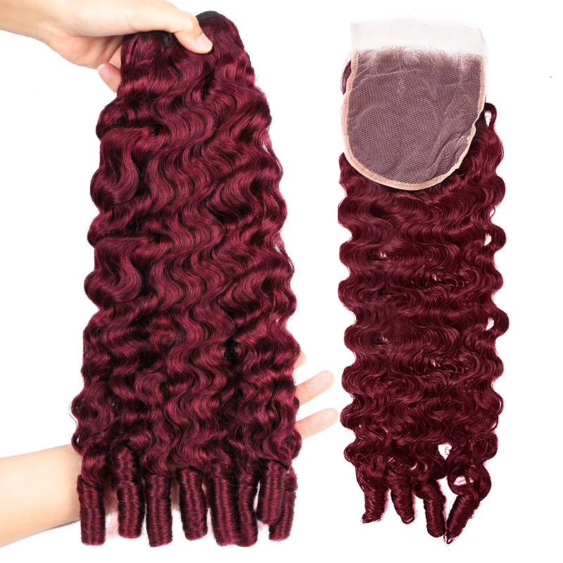 Msgem #99J Burgundy Burmese Curly 3 Bundles With 4x4 5x5 Lace Closure Human Hair Weave