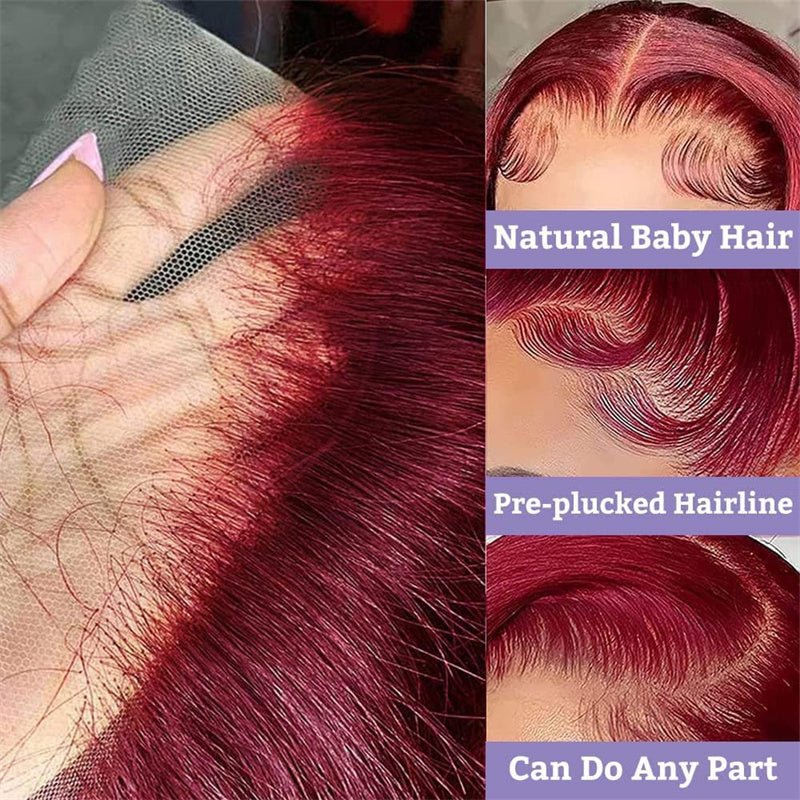 99j Burgundy 13x6 Body Wave Lace Front Wigs Human Hair Pre Plucked Transparent lace frontal wig - Msgem Hair